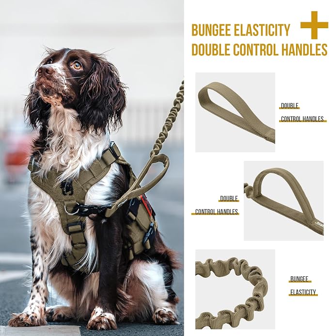 OneTigris Tactical Dog Training Bungee Leash with Control Handle Quick Release Nylon Leads Rope (Tan)