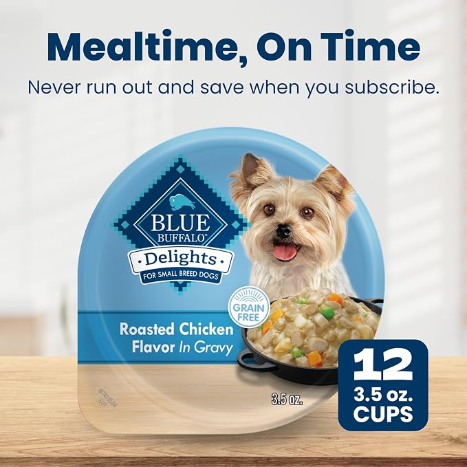 Blue Buffalo Delights Rotisserie Chicken Flavor Natural Grain Free Wet Dog Food for Small Breed Dogs in Hearty Gravy with Natural Ingredients, Vitamins & Minerals, 3.5-oz. Each (12 Cups)