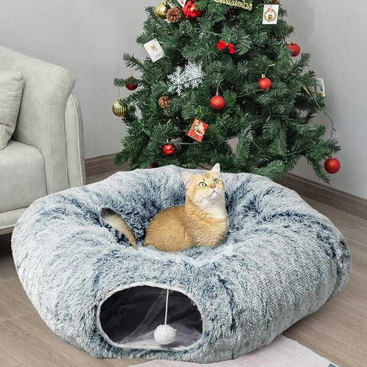 AUOON Cat Tunnel Bed for Indoor Cats - Large Cat Donut Tunnel with Hanging Ball Toy, Collapsible 2-in-1 Multifunctional Interactive Cat Toy for Kitten, Puppy, Rabbit, Ferret (Gray)
