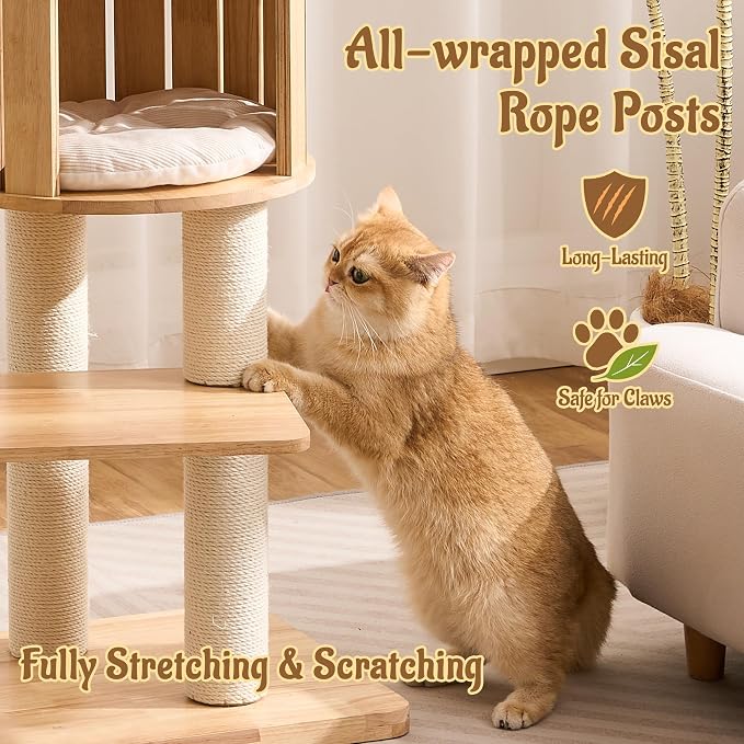 70" Modern Wood Cat Tree for Indoor Cats, Multi-Level Cat Tower with 2 Hidden Cat Caves, Hammock, Elevated Top Beds & Sisal Scratching Posts, Furniture-Style Cat Condo for Multi-Cat Homes