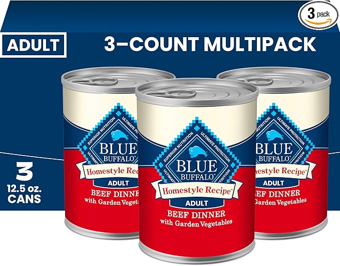 Blue Buffalo Homestyle Recipe Beef Dinner with Garden Vegetables Natural Wet Dog Food for Adult Dogs, Paté with Natural Ingredients, Vitamins & Minerals, 12.5-oz. Can (3 Count)