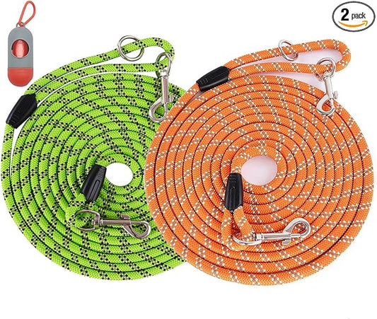 (2 Pack) Long Dog Leash for Dog Training 15FT/30FT/50FT, Dog Rope Leashes with Reflective Thread for Large Medium Small Dogs, Dog Tie-Out Cable Lead for Hunting, Camping&Backyard