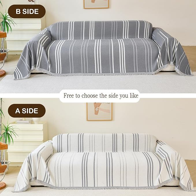 VANJOROY Couch Sofa Cover for 3 Cushion Sectional Sofa L-Shape -Washable 100% Organic Chenille Couch Cover for Dogs Pets, Boho Couch Cover Protector Soft Sofa Slipcovers with Tassel,91"x 134"