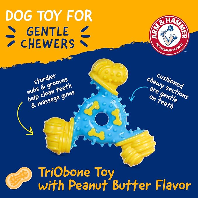 Arm & Hammer for Pets Nubbies TriBone Dog Dental Toy Peanut Butter Flavor Baking Soda Infused Moderate Chewers Plaque Tartar Reduction No Stuffing 24 Pack