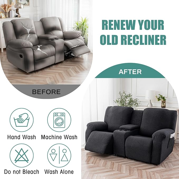 Genina Recliner Loveseat Covers with Console, Stretch Reclining Sofa Covers, 2 Seater Couch Cushion Stripe Jacquard Recliner Slipcovers - Furniture Protector Covers for Pet(Black)