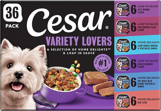 Cesar Home Delights & Classic Loaf in Sauce Wet Dog Food Variety Pack, 3.5 oz. Trays, 36 Count (Pack of 1)