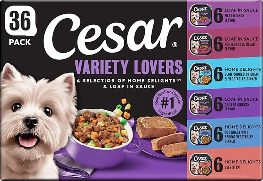 Cesar Home Delights & Classic Loaf in Sauce Wet Dog Food Variety Pack, 3.5 oz. Trays, 36 Count (Pack of 1)