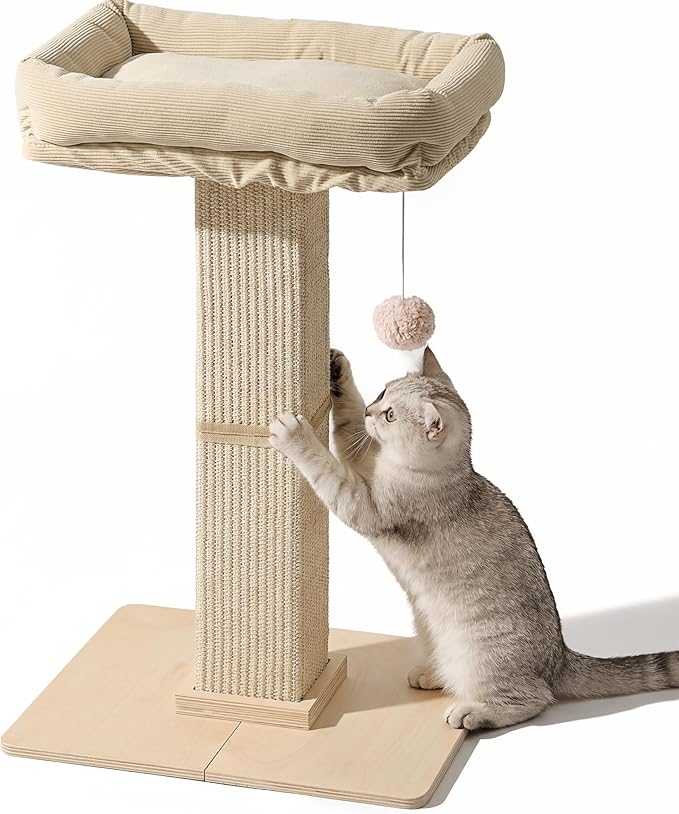 FUKUMARU Cat Scratching Post, Modern Style Tall Scratch Posts with Perch for Indoor Cats Adults, Large Cat Scratcher Tower with Bed, Small Tree with Raised Stand, Natural Sisal & Solid Wood