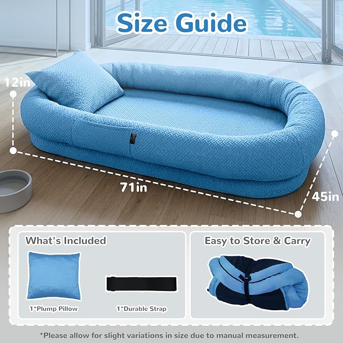 YAEM Cooling Dog Bed for Humans, 71"x45"x12" Breathable Human Dog Bed for Adults, Waterproof Giant Pet Beds with Washable Cover & Non-Skid Bottom, Ocean Blue