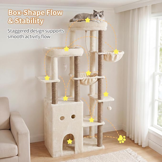 Heybly Cat Tree, 69.7 inches Secure Anti-Tip Cat Tower for Large Cats, Expansive Cat Furniture with Dual-Tier Cat Condo Villa, 2 Top Perches, Hammock & Full Sisal Scratching Posts Beige HCT065MJ