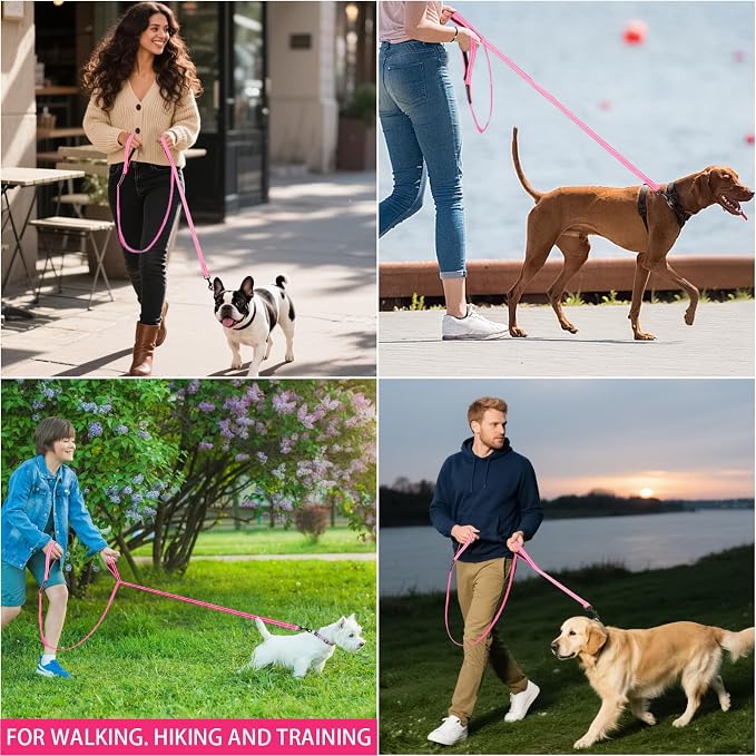 Reflective Dog Leash with Double Handle, Dog Leash 4 FT Long, Supports Medium and Large Dogs, Heavy Duty for Walking, Running, and Training, Rose Red