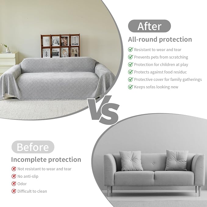 VANJOROY Grey Oversized Couch Sofa Cover for 3-4 Cushion Sectional Sofa L-Shape -Washable Chenille Couch Cover for Dogs Pets, Boho Couch Cover Protector Soft Sofa Slipcovers with Tassel,91"x 150"