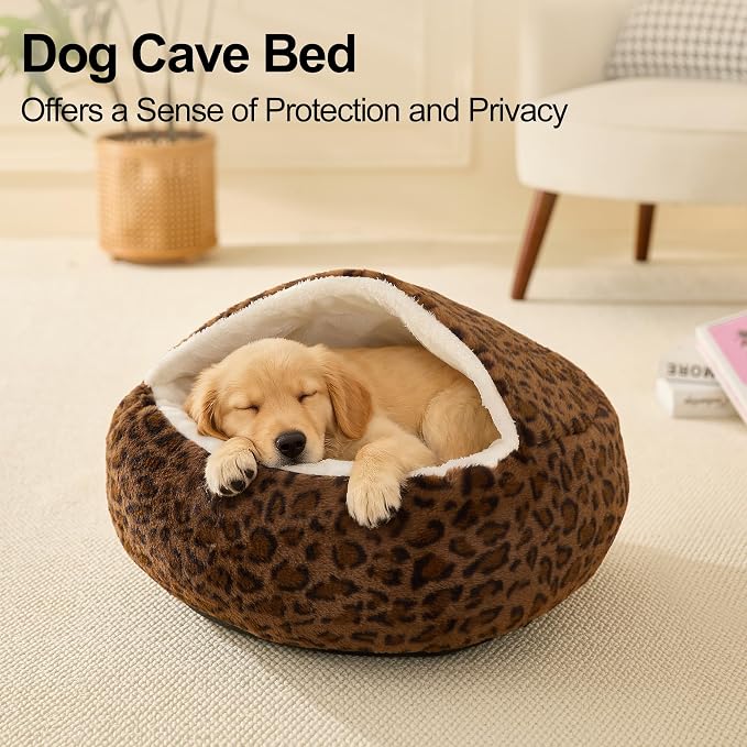 Calming Dog Beds & Cat Cave Bed with Hooded Cover,Removable Washable Round Beds for Small Medium Pets,Anti-Slip Faux Fur Fluffy Coved Bed for Improved Sleep,Fits up to 15/25 lbs(Leopard Print,M)