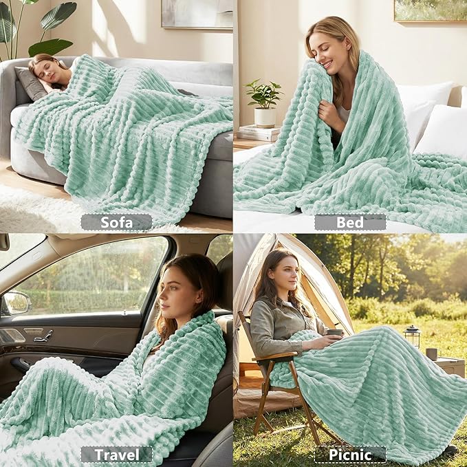 HIMEET Fleece Sage Green Queen Blanket for Bed - 300GSM Ribbed Soft Cozy Bedding Blanket, House Warming Gifts New Home, Luxury Bedroom Decor Throws, 90x90 Inches