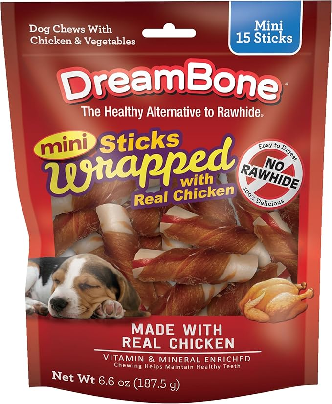 DreamBone Chicken Wrapped Mini Stick Dog Treats, Daily Rawhide-Free Chew, Digests Safely and Completely, With Real Protein, Chicken and Veggies, 15 count