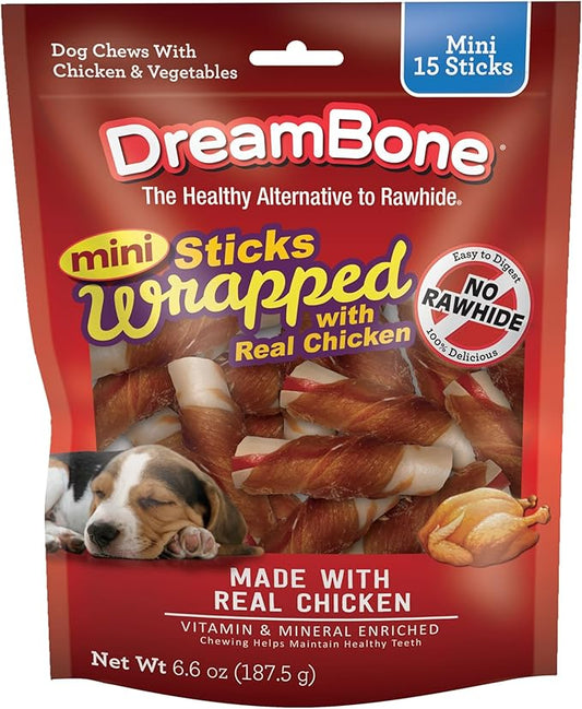 DreamBone Chicken Wrapped Mini Stick Dog Treats, Daily Rawhide-Free Chew, Digests Safely and Completely, With Real Protein, Chicken and Veggies, 15 count
