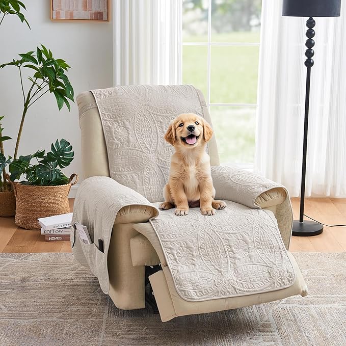 Large Beige Recliner Chair Covers, Quilted Décor Water-Repellent Lazy Boy Chair Covers, Pet Friendly Large Recliner Cover for Dogs Cats, Washable Couch Cover (Recliner 30", Beige Cream)