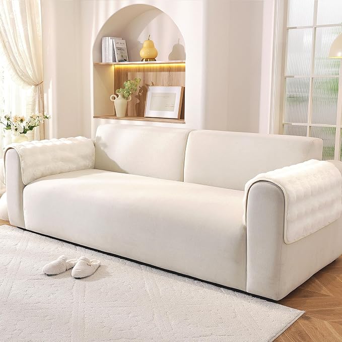 Waterproof Dog Bed Cover Non Slip Couch Covers for Dogs Washable Soft Faux Fur Sofa Cover Couch Covers for 3 Cushion Couch Sofa Pet Friendly (Off White, 24" x 24" 2 Pack)