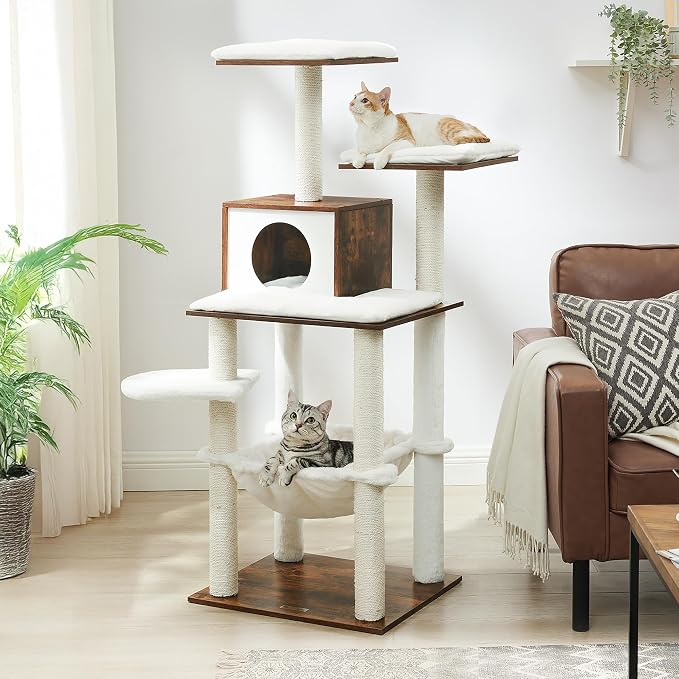 Feandrea Cat Tree, 56.3-Inch Modern Cat Tower, Multi-Level Plush Condo with Scratching Posts, Hammock, Washable Cushion, Rustic Brown UPCT164X01
