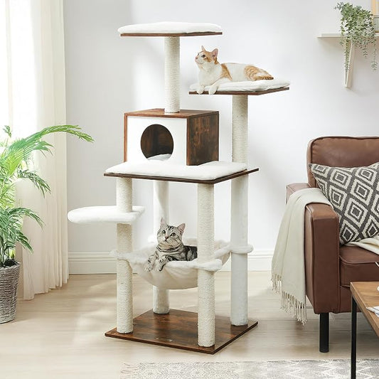Feandrea Cat Tree, 56.3-Inch Modern Cat Tower, Multi-Level Plush Condo with Scratching Posts, Hammock, Washable Cushion, Rustic Brown UPCT164X01