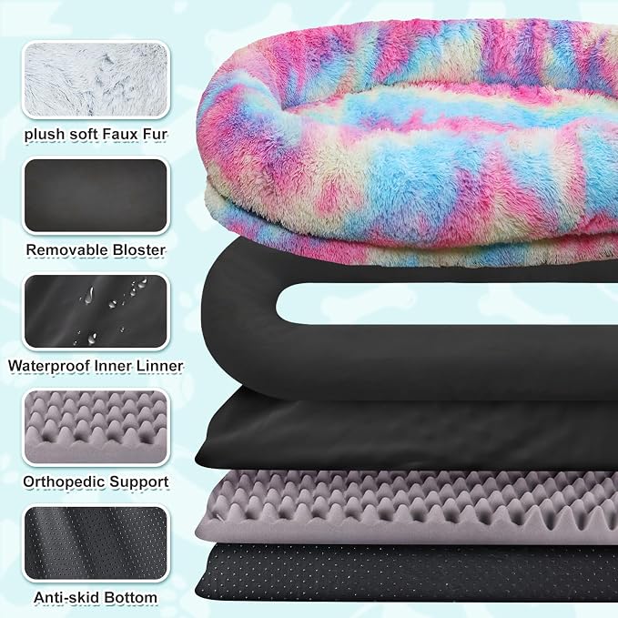 YAEM Human Dog Bed for Adult and Pets - 71"x45"x12" Dogs Beds for Humans with Washable Faux Fur Cover, Plump Pillow, Blanket, Orthopedic Design, Strap-Rainbow
