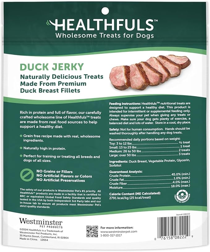 Healthfuls Duck Jerky Healthy Dog Treats – Grain Free, Real Duck Breast Fillets, No Fillers or Artificial Ingredients, All Life Stages – 16 ounces