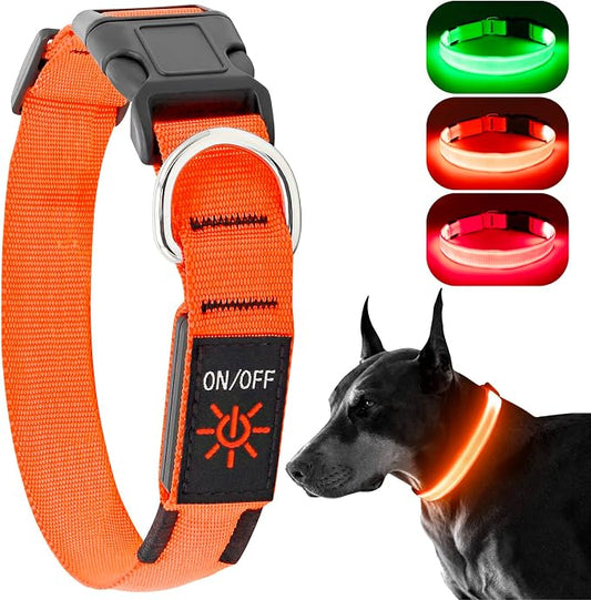Light Up Dog Collar, Rechargeable USB Collar, Waterproof, Luminous LED Collar, Adjustable, Super Bright, Night Walking for Small Medium Large Dogs, Orange, L
