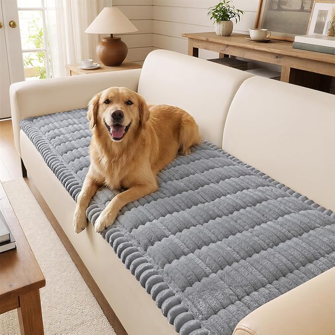decorUhome Non-Slip Fuzzy Couch Cover for Dogs, Soft Thick Washable Pet-Friendly Protector, Sofa Slipcover for 3 Cushion Couch Sofa, Grey, 27.6" x 88"