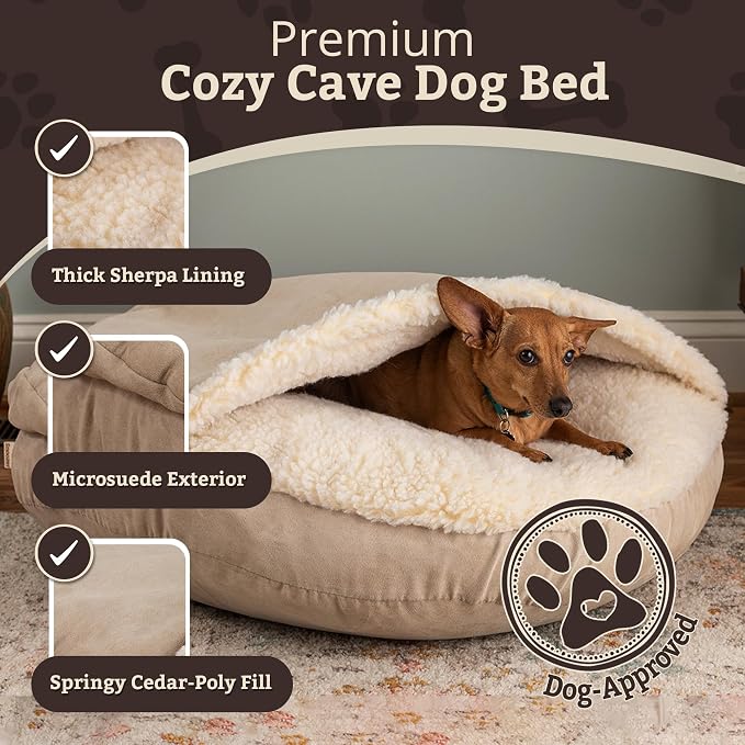 Snoozer Cozy Cave Dog Bed - Indoor Dog Bed with Cover Cave, Covered Calming Burrow for Medium & Large Sized Pets with Blanket Attached, Enclosed, Removable Washable Cover - XL, Buckskin
