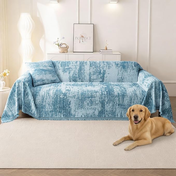hyha Couch Cover for Dogs, Boho Sofa Covers for 3 Cushion Couch Washable, Chenille Sofa Slipcover for Pets, Soft Loveseat Sectional Couch Throw Blankets with Tassels (Blue/White, 88.5x134 Inch)