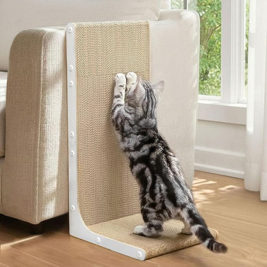 Conlun Cardboard Cat Scratcher, 23" L-Shaped Scratch Pad, Vertical Wall-Leaning Scratching Board to Protect Furniture for Indoor Cats, White