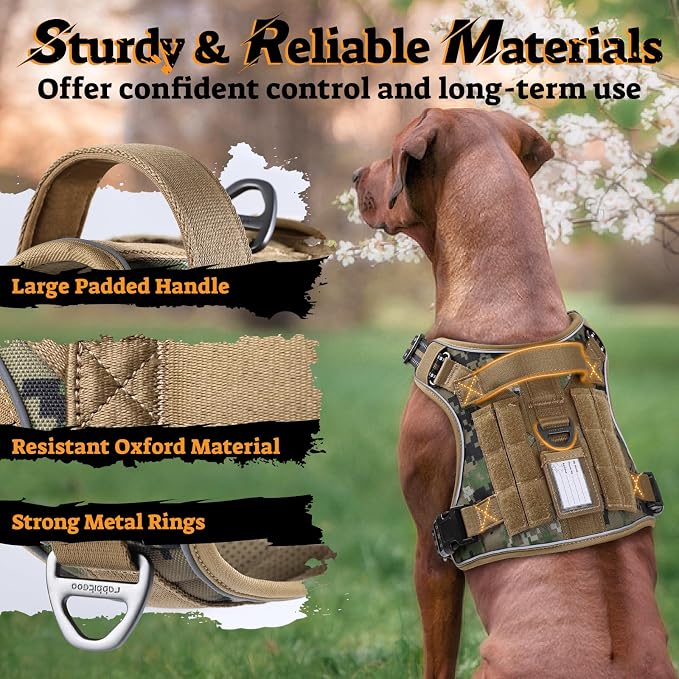 rabbitgoo Tactical Dog Harness for Large Dogs No Pull Adjustable Military Vest with Handle MOLLE Reflective Heavy Duty Dog Vest for Walking Training Hunting Outdoor Medium Size Dog Brown Camo XL