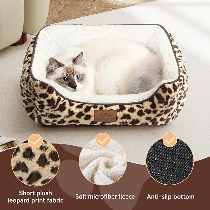 Zerbuger Rectangle Cat Dog Bed for Large Medium Small Pets Indoor Outdoor Machine Washable Sleeping Sofa Non-Slip Bottom Soft Puppy Bed Durable Orthopedic Calming Pet Cuddler (Small, Leopard)