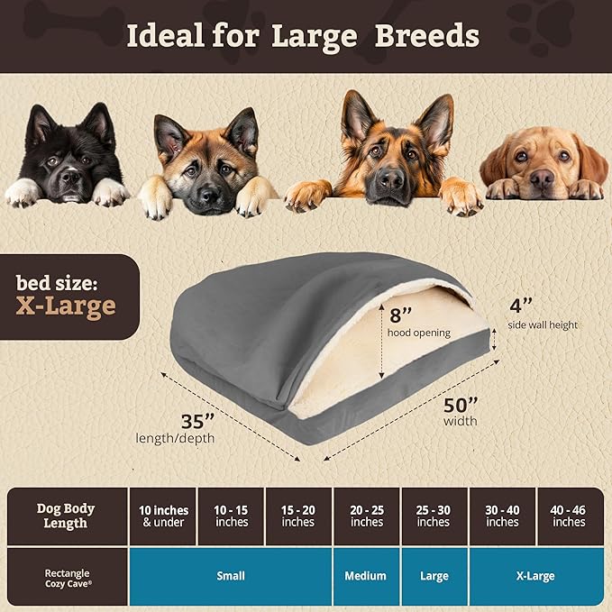 Snoozer Rectangle Cozy Cave Dog Bed - Indoor Dog Bed with Cover Cave, Covered Calming Burrow for Large Sized Pets with Blanket Attached, Enclosed, Washable Cover - XL, Heather Gray