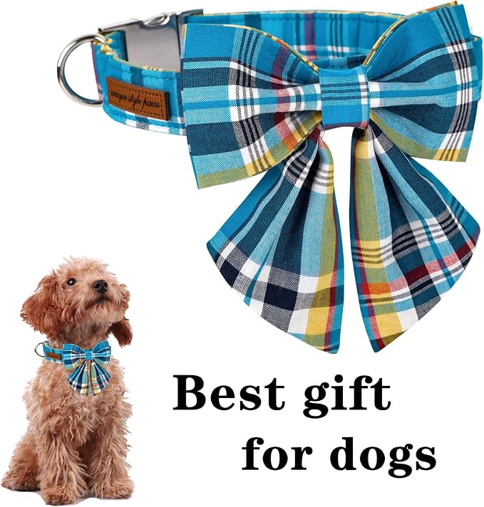 Unique style paws Blue Plaid Dog Collar with Bow Cute Puppy Collar for Small Medium Large Dogs as Autumn Winter Pet Gifts-XS
