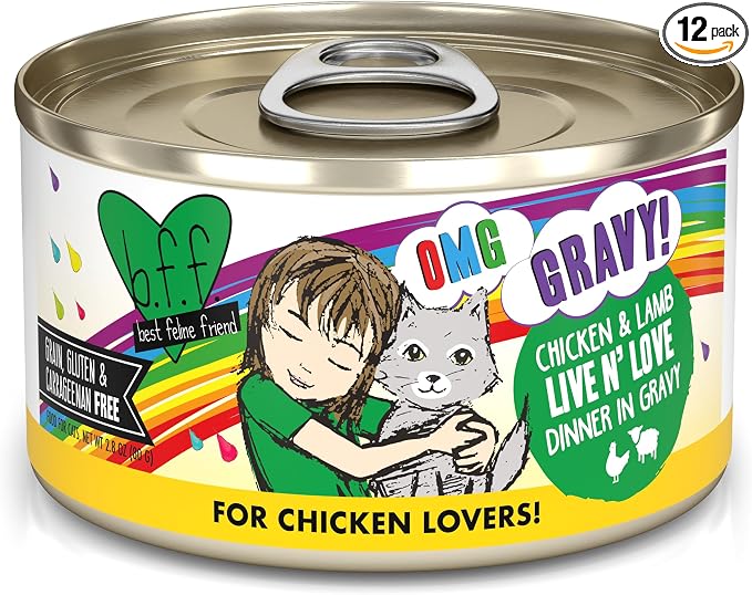 Weruva B.F.F. OMG - Best Feline Friend Oh My Gravy!, Chicken & Lamb Live N' Love with Chicken & Lamb in Gravy, 2.8oz Can (Pack of 12)