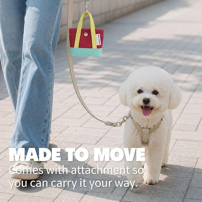 Dog Poop Bag Holder for Leash with 1 Waste Bag Roll, Canvas | Yellow Handle, Round Clip, Cotton Pouch, Small Accessory Keychain Bag, Handmade in Korea