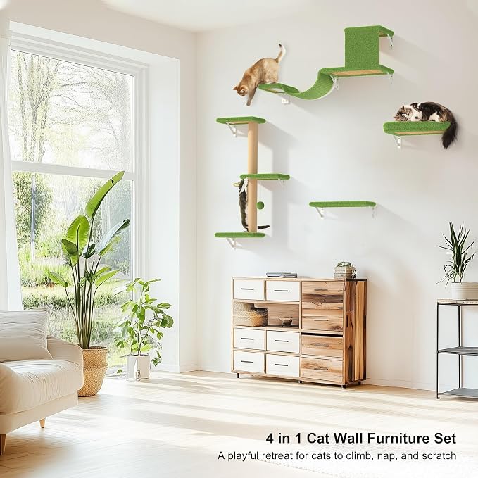 FUKUMARU Cat Wall Shelves, Stable & Safe 5 in 1 Cat Walls Furniture Set, Wooden Kitten Climbing Wall with Scratching Post for 16 Inch Drywall - Green