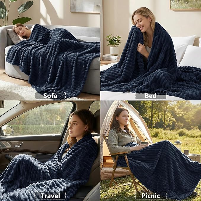 HIMEET Fleece Navy Blue Throw XL Blanket for Couch - 300GSM Ribbed Soft Cozy Outdoor Blankets for Travel Camping Nap, Birthday Gifts for Women Men Him, Long Sofa Room Decor Office Throws, 50x70 Inches