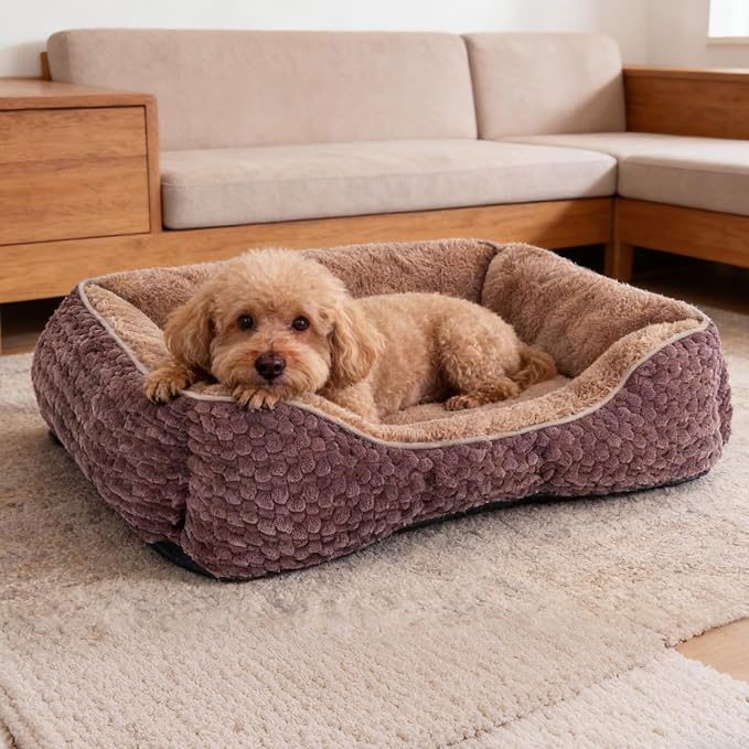Plush Dog Bed Extra Large, Brown, Machine Washable, Dog Beds Sofa with Pillow Support, 35x25Inch, Corn Kernel Design, Non-Slip Bottom, Thick PP Cotton Padding