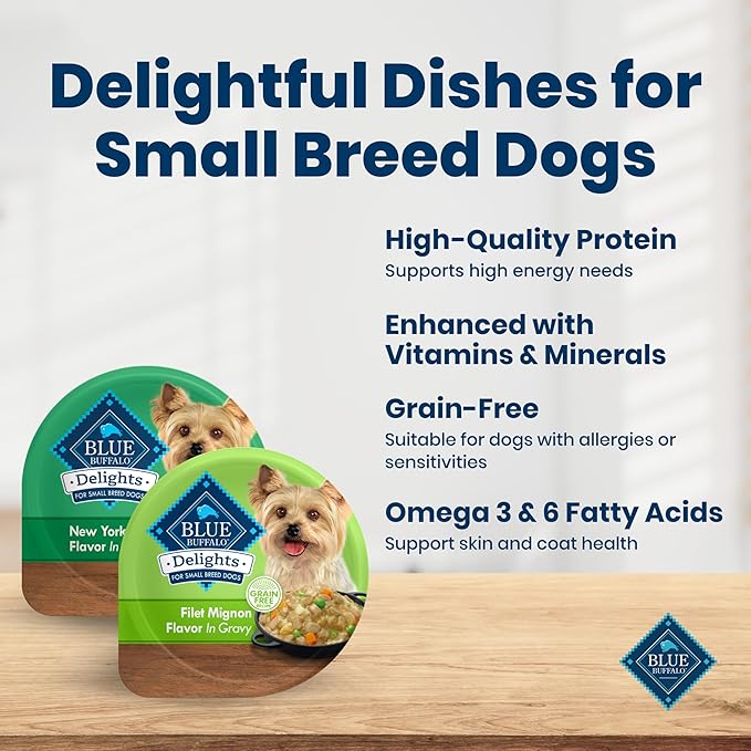 Blue Buffalo Delights Variety Pack Natural Grain Free Wet Dog Food for Small Breed Dogs (Filet Mignon Flavor & New York Strip Flavor) in Gravy with Natural Ingredients, 3.5-oz. Each (12 Cups)