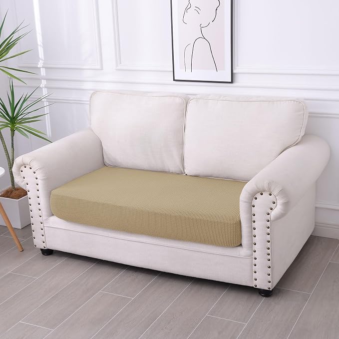hyha Waterproof Couch Cushion Covers for Pets, Non Slip Sofa Cover for Dogs Washable, Soft Thick Stretch Jacquard Fabric, Sofa Slipcovers with Elastic Bottom (1 Piece for Medium, Sand)