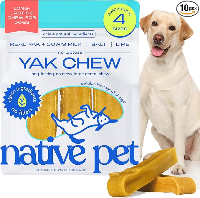 Native Pet Yak Cheese Himalayan Dog Chews - Long Lasting Dental Sticks for Large Breeds – 100% All Natural Himalayan Yak Chews for Large Dogs – Cheese Bone for Aggressive Chewers - 10 Per Pack