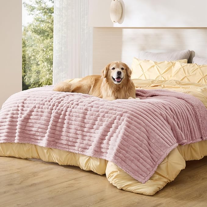 Bedsure ComfyFleece™ Waterproof Dog Blankets for Large Dogs - Soft Pet Cat Blanket Corduroy Fleece for Bed Protector Washable, Cozy Calming Reversible Furniture Protection,60"x80", Blush Pink