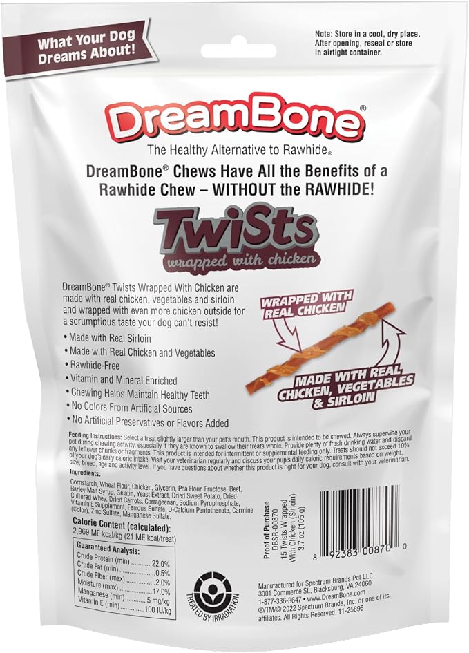 DreamBone Chicken Wrapped Sirloin Twist Stick Dog Treats, Daily Rawhide-Free Chew, Digests Safely and Completely, with Real Protein, Chicken, Sirloin and Veggies, 15 Count