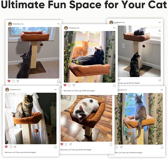 FUKUMARU Cat Scratching Post, Retro-Style Tall Scratch Posts with Perch for Indoor Cats Adults, Large Cat Scratcher Tower with Bed, Natural Sisal & Solid Wood