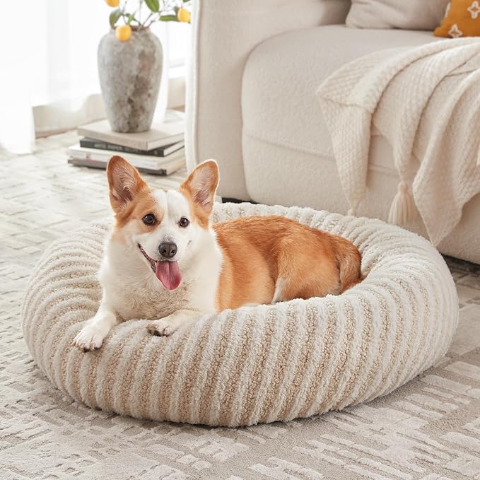 MIXJOY Dog Bed Medium Size Dogs, Washable Medium Dogs Bed with Removable Cover, Cozy Donut Dog Ded Fluffy Plush Faux Fur Pet Bed with Anti-Slip Bottom, 30"x30"x8", White