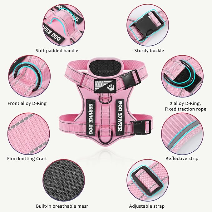 Service Dog Harness, Reflective Dog Vest Harness with 5 PCS Patches, Adjustable Soft Oxford Pet Harness, Inner Layer Mesh, Easy to Control for Small Medium Large Dogs