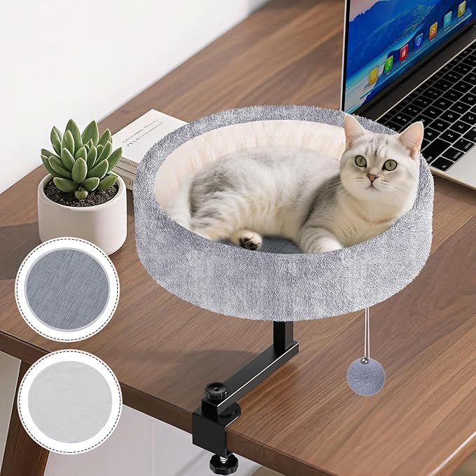 Chumajor Cat Desk Bed - 360° Rotating & Adjustable, Supports 50 lbs, Soft Faux Fur with Dual-Sided Reversible Mat, Modern Indoor Cat Nest Furniture for Office Desks and Game Tables, Island Table