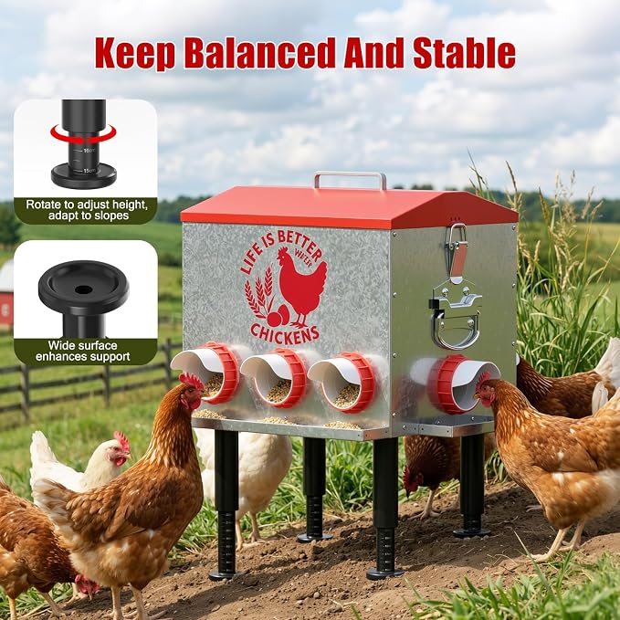 Pawaboo 55LBS Large Capacity Automatic Chicken Feeder - 2026 Upgraded No Waste Poultry Feeder, 7 Feeding Ports, Viewable Feed Level Window, Height-Adjustable Legs + Wobble-Free Stability
